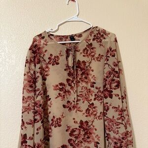 Shein Womens / US Women XL Floral Tie Keyhole Neck Blouse Top Long Elastic Slev